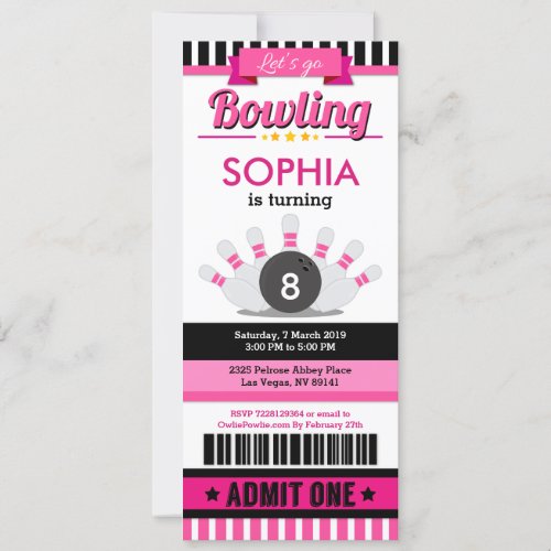 Pink Bowling Ticket Pass Birthday Party Invitation