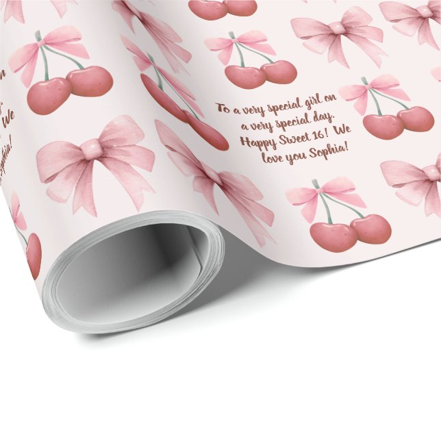 Pink Bows and Cherries Coquette Name Birthday Age Wrapping Paper (Roll Corner)