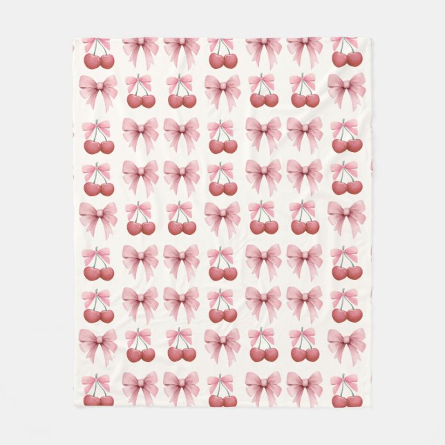 Pink Bows and Cherries Girly Coquette Fleece Blanket (Front)