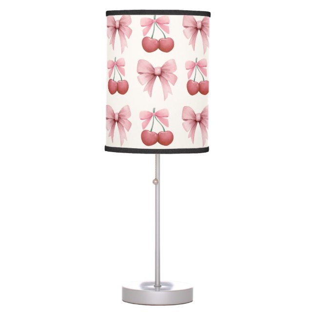 Pink Bows and Cherries Girly Coquette Table Lamp (Front)