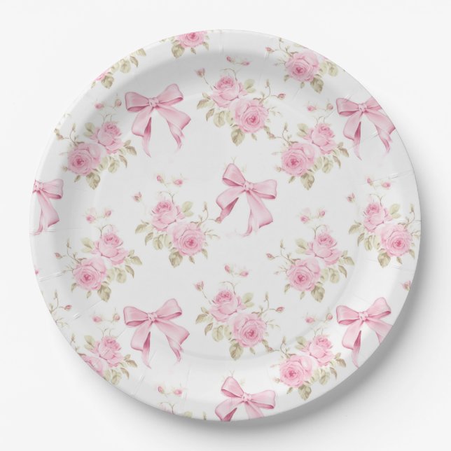 Pink Bows and Roses Coquette Bridal Shower Paper Plates (Front)