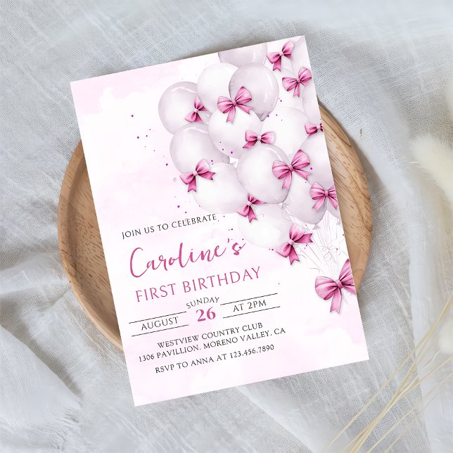 Pink Bows Balloons Birthday Invitation (Creator Uploaded)