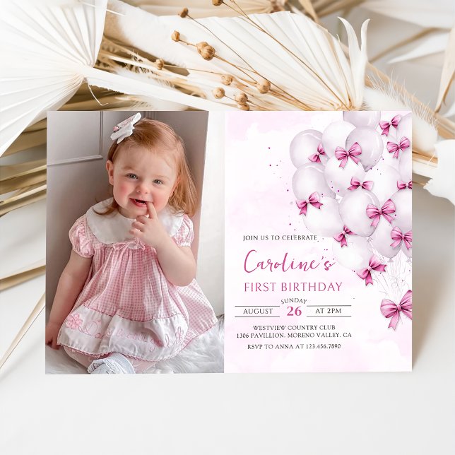 Pink Bows Balloons Birthday Photo Invitation (Creator Uploaded)