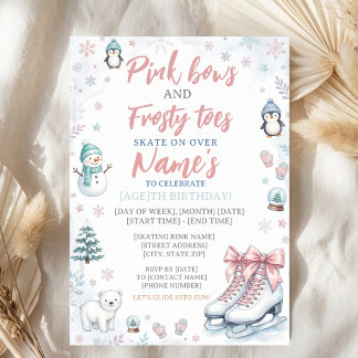 Pink Bows Birthday Winter Ice Skating Party Cute Invitation