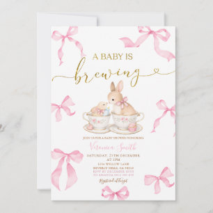 Pink Bows Bunny Tea Party Baby Shower Invitation