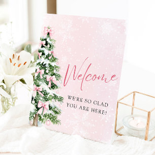 Pink Bows Christmas Tree Baby Shower Welcome Sign