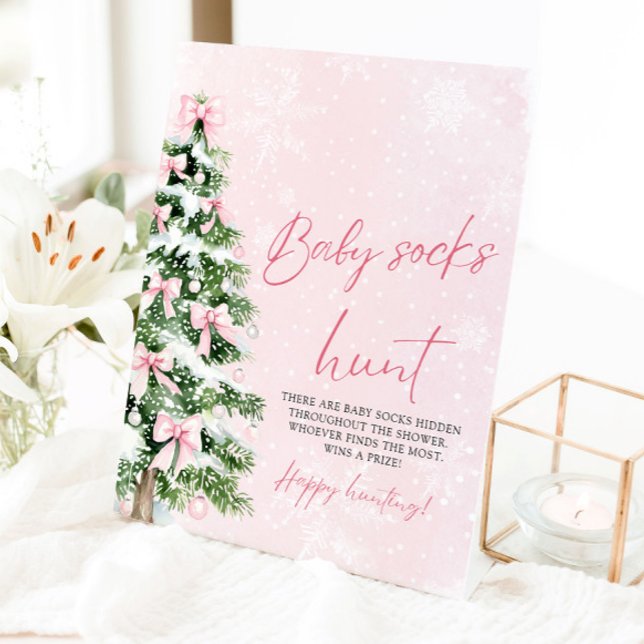 Pink Bows Christmas Tree Baby Socks Hunt Game Pedestal Sign (Pink Bows Christmas Tree Baby Socks Hunt Game Pedestal Sign)