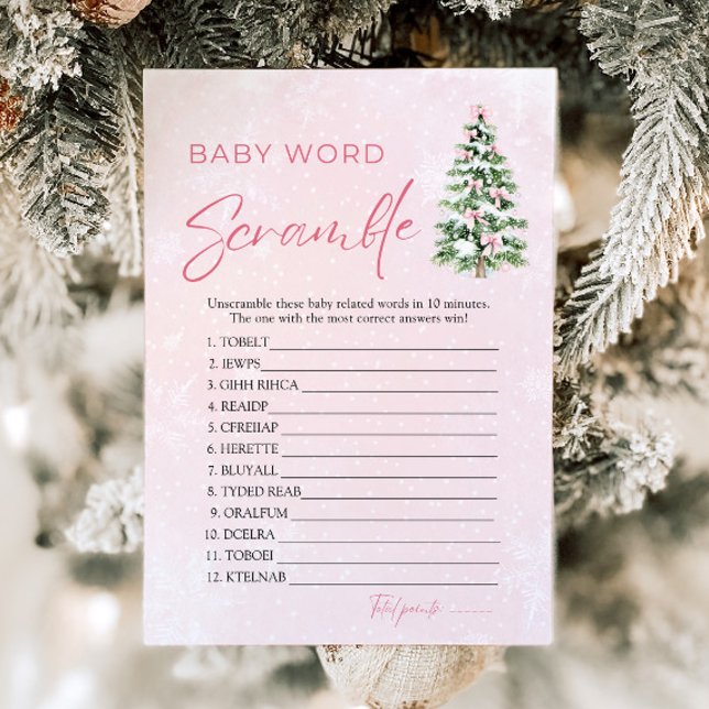 Pink Bows Christmas Tree Baby Word Scramble Game Invitation (Pink Bows Christmas Tree Baby Word Scramble Game )