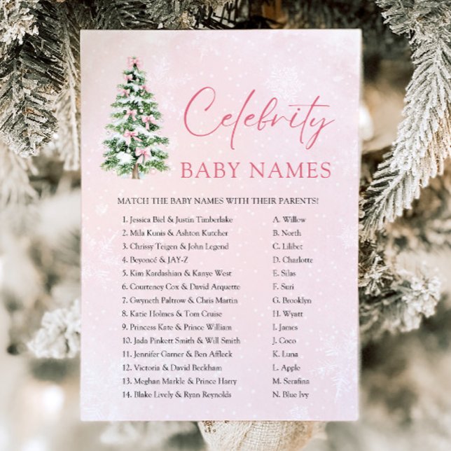 Pink Bows Christmas Tree Celebrity Baby Name Game Invitation (Pink Bows Christmas Tree Celebrity Baby Name Game)
