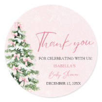Pink Bows Christmas Tree Girl Winter Baby Shower Classic Round Sticker