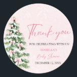 Pink Bows Christmas Tree Girl Winter Baby Shower Classic Round Sticker<br><div class="desc">The Pink Bows Christmas Tree Girl Winter Baby Shower Classic Sticker adds a delightful touch to your winter baby shower! With a soft pink bow and festive Christmas tree, this sticker is perfect for a baby girl’s seasonal celebration. Use it to decorate favors, envelopes, or decor items to bring cozy,...</div>