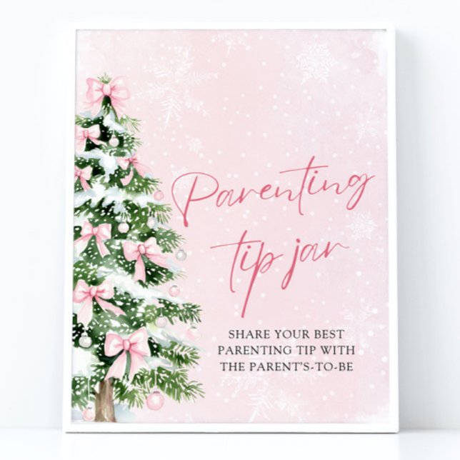 Pink Bows Christmas Tree Parenting Tip Jar Game Poster (Pink Bows Christmas Tree Parenting Tip Jar Game Sign)