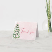 Pink Bows Christmas Tree Winter Thank you card