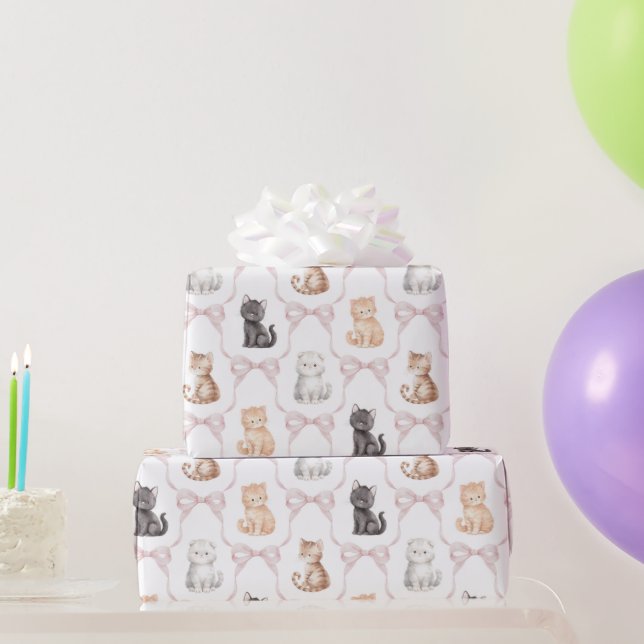 Pink Bows Cute Kitten Cats Birthday Wrapping Paper (Party Gifts)