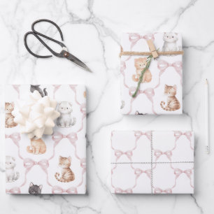 Pink Bows Cute Kitten Cats Birthday Wrapping Paper Sheets