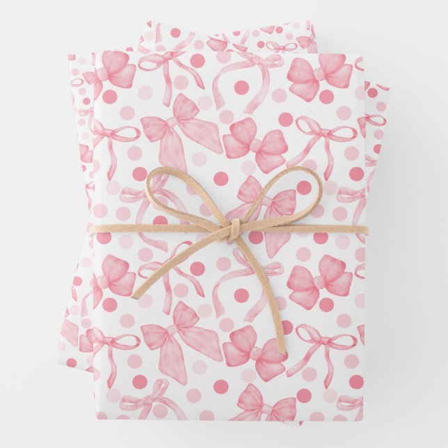 Pink Bows & Dark Pink Dots Wrapping Paper Sheets (In situ)