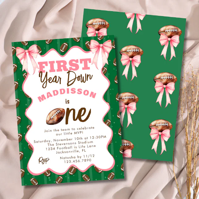 Pink Bows First Year Down Football 1st Birthday Invitation | Zazzle