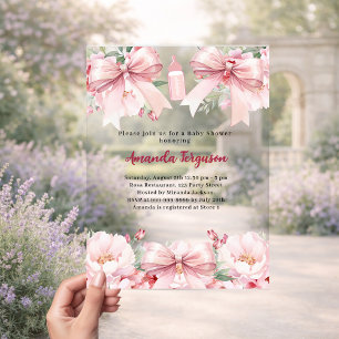 Pink bows florals girl bottle clear Baby Shower Acrylic Invitations