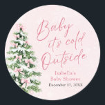 Pink Bows Girl Baby It's Cold Outside Baby Shower Classic Round Sticker<br><div class="desc">The Pink Bows Christmas Tree Girl Winter Baby Shower Classic Sticker adds a delightful touch to your winter baby shower! With a soft pink bow and festive Christmas tree, this sticker is perfect for a baby girl’s seasonal celebration. Use it to decorate favors, envelopes, or decor items to bring cozy,...</div>