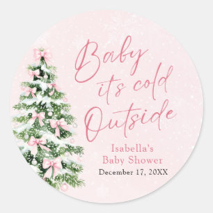 Pink Bows Girl Baby It's Cold Outside Baby Shower Classic Round Sticker