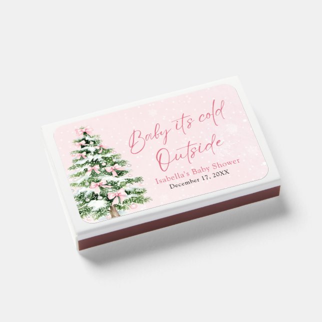 Pink Bows Girl Baby It's Cold Outside Baby Shower Matchboxes (Front Closed)