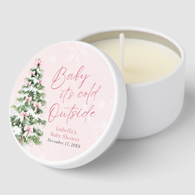 Pink Bows Girl Baby It's Cold Outside Baby Shower Mini Candle Favors (Corner)