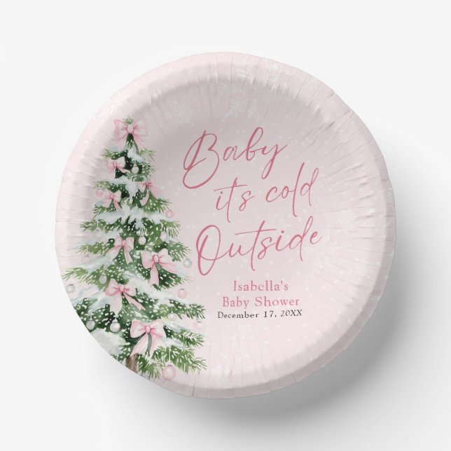 Pink Bows Girl Baby It's Cold Outside Baby Shower Paper Bowls (Front)