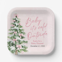 Pink Bows Girl Baby It's Cold Outside Baby Shower Paper Plates
