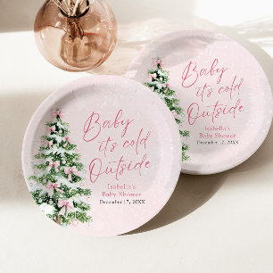 Pink Bows Girl Baby It's Cold Outside Baby Shower Paper Plates