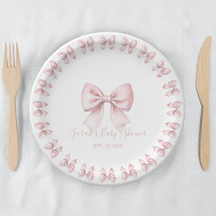 Pink Bows Girl Baby Shower Script & Watercolor Paper Plates