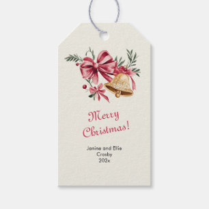 Pink Bows Gold Bells Christmas Gift Tags
