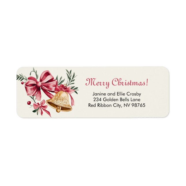 Pink Bows Gold Bells Christmas Label (Front)