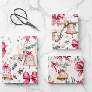 Pink Bows Gold Bells Christmas Wrapping Paper Sheets