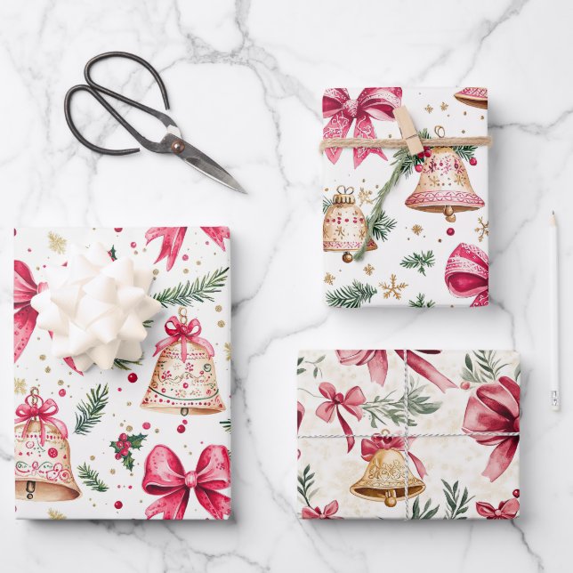 Pink Bows Gold Bells Christmas Wrapping Paper Sheets (Front)