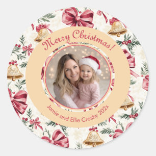 Pink Bows Gold Bells Photo Classic Round Sticker