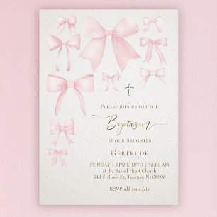 pink bows ivory background baby girl Baptism Invitation