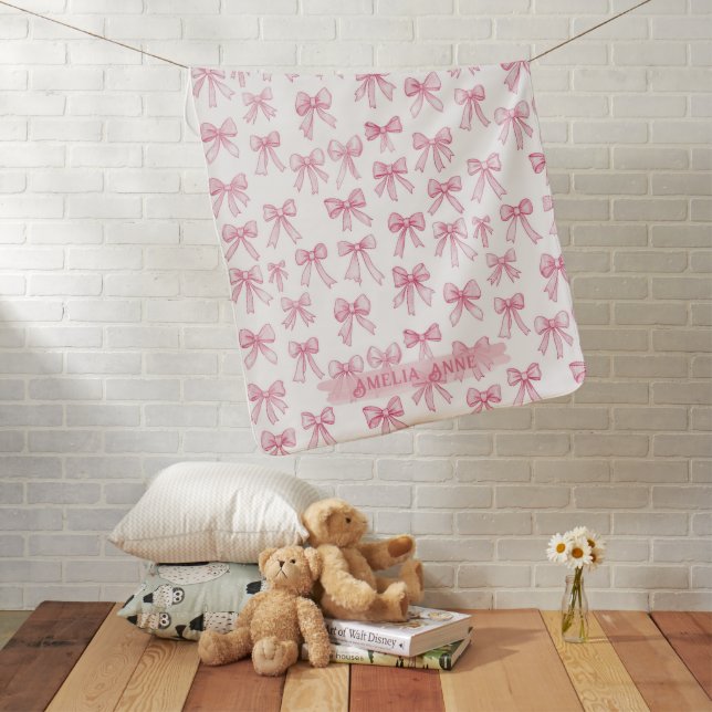 Pink Bows Personalized Girl Baby Blanket (In Situ)
