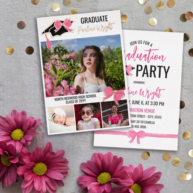 Pink Bows Photos Gold Foil Outlines Graduation Foil Invitation (Creator Uploaded)
