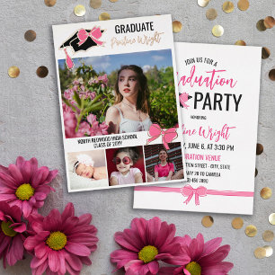 Pink Bows Photos Gold Foil Outlines Graduation Invitation