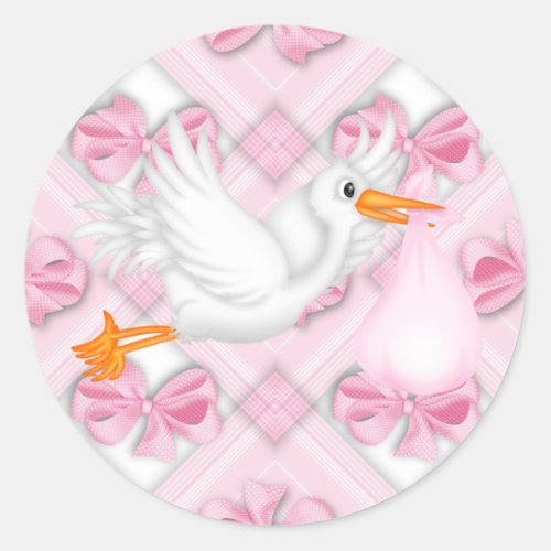 Pink Bows Pink Stork Baby Shower Stickers