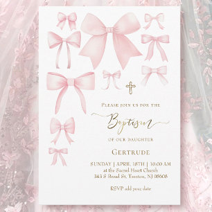 pink bows white background baby girl Baptism Invitation
