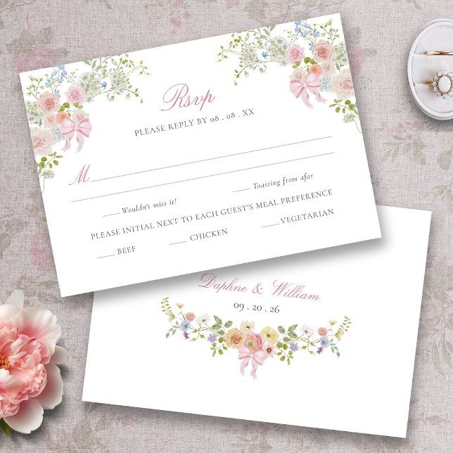 Pink Bows Wildflowers RSVP Card (Monogrammed Bows and Wildflowers Victorian Wedding RSVP Card
)