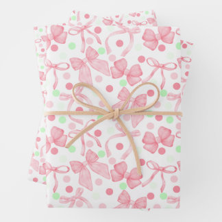 Pink Bows with Pink & Green Dots Wrapping Paper Sheets