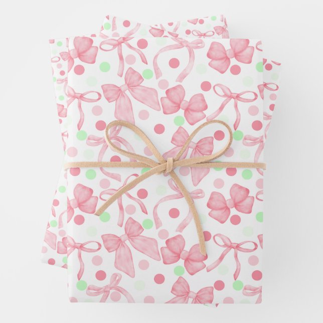 Pink Bows with Pink & Green Dots Wrapping Paper Sheets (In situ)