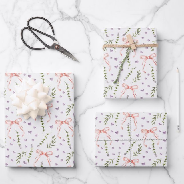 Pink Bows Wrapping Paper, Birthday Shower Gift Paper Sheets (Front)