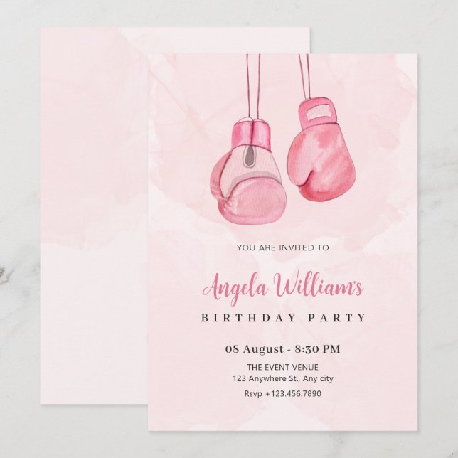 Pink boxing gloves birthday invitation (Front/Back)