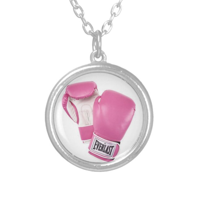pink boxing gloves fight against cancer silver plated necklace (Front)