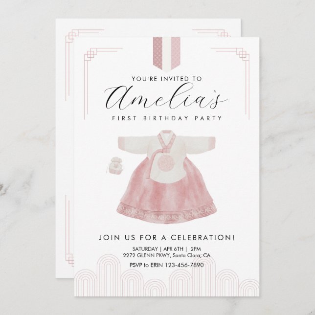 Pink Boy Hanbok Doljanchi the first birthday  Invitation (Front/Back)