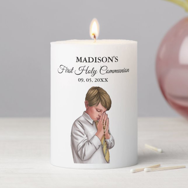 Pink Boy Praying hand First holy Communion Pillar Candle (In Situ)
