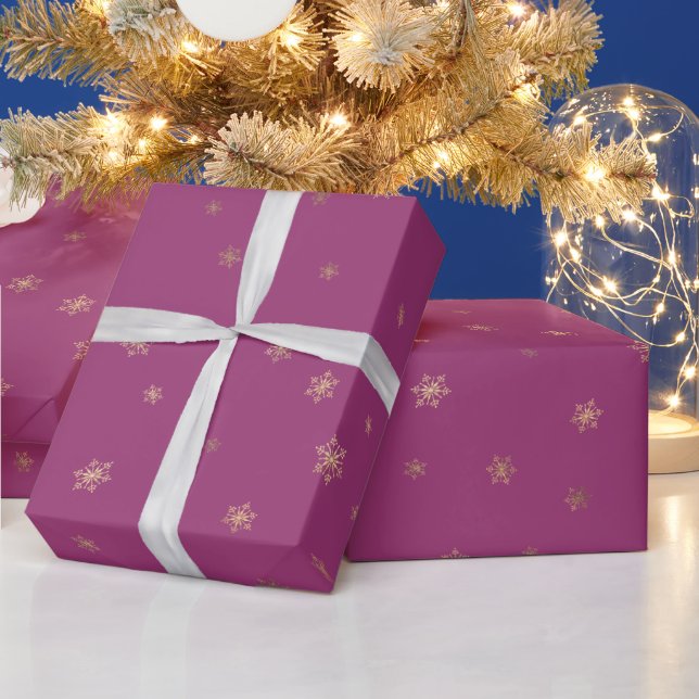 Pink Boysenberry Christmas Gold Snowflakes Wrapping Paper (Holidays)